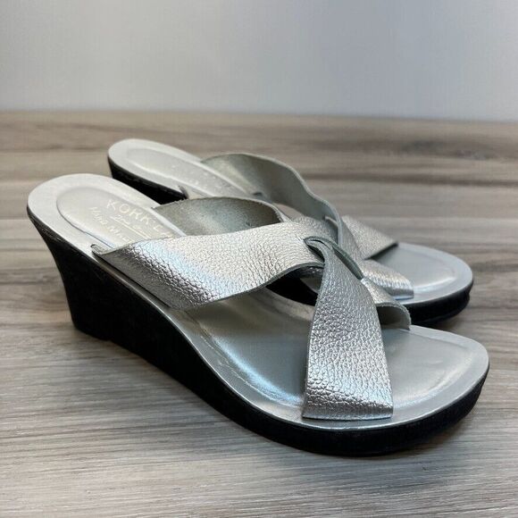 Kork Ease Geena Size 5 Silver Womens Wedge Sandals Cork Slip On Shoes - Picture 1 of 12